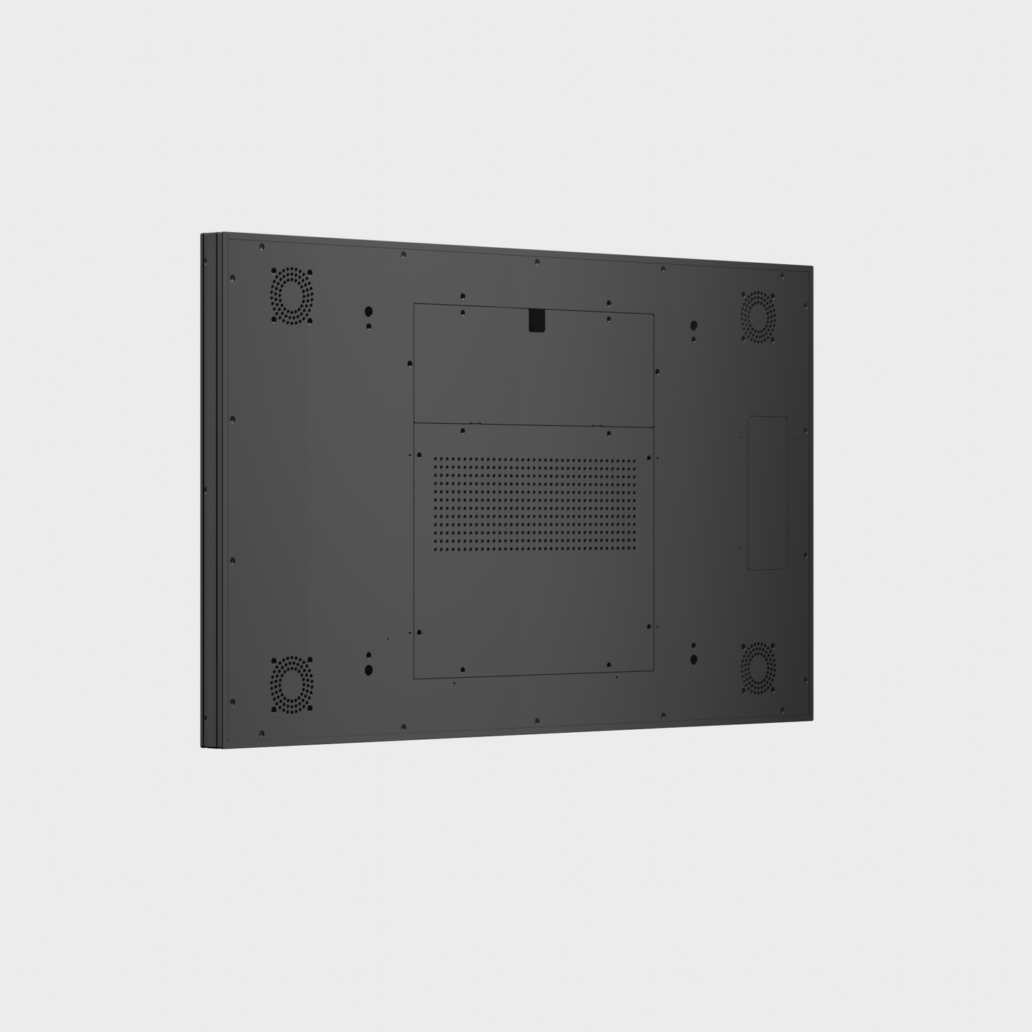 Achterkant van 32-inch scherm met ingebouwde Android-player, geschikt voor ophanging aan kabels of VESA-montage met een beugel.