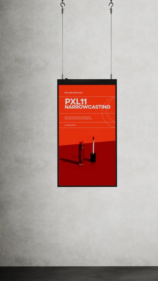 43-inch verticaal reclamedisplay met 3000 nits helderheid, ideaal voor gebruik achter ramen. Met reclame in de kleur rood