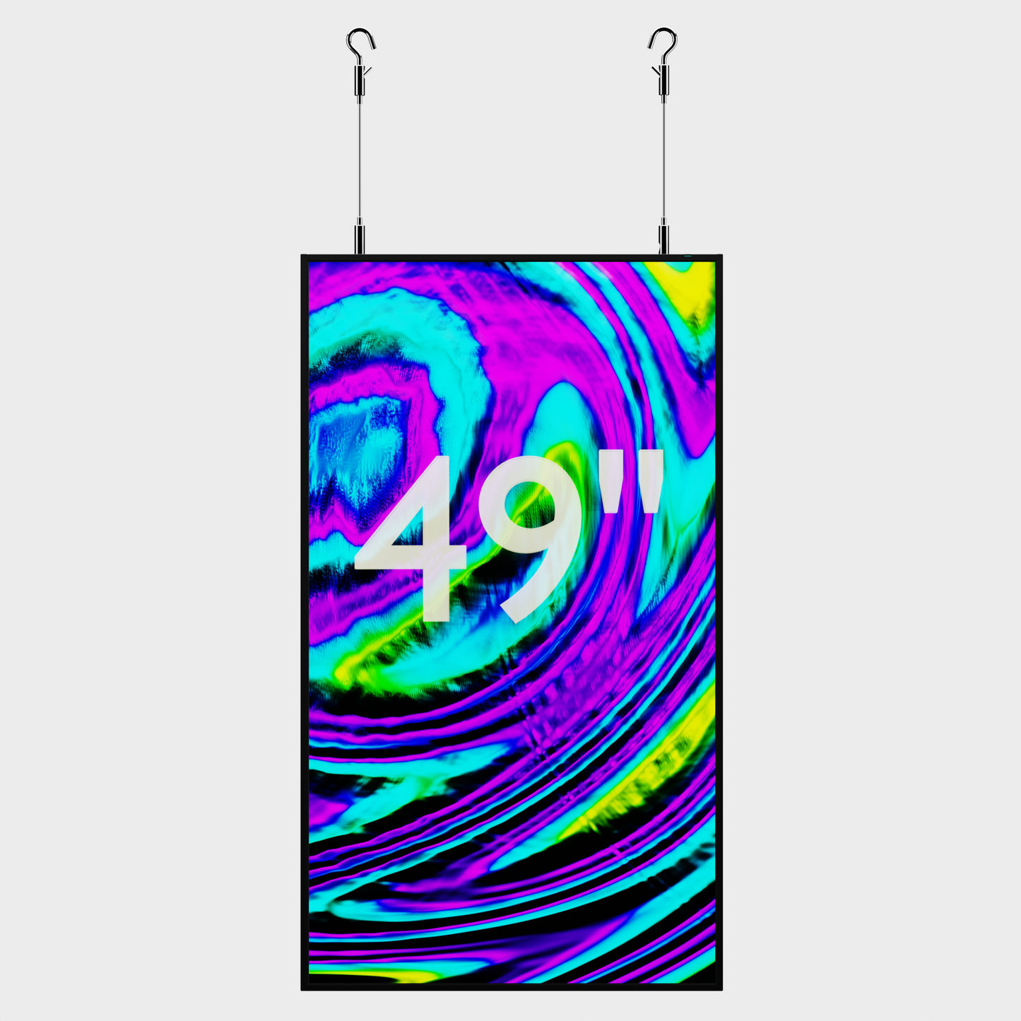 49 high brightness LCD scherm verticaal hangend aan meegeleverd ophang systeem.
