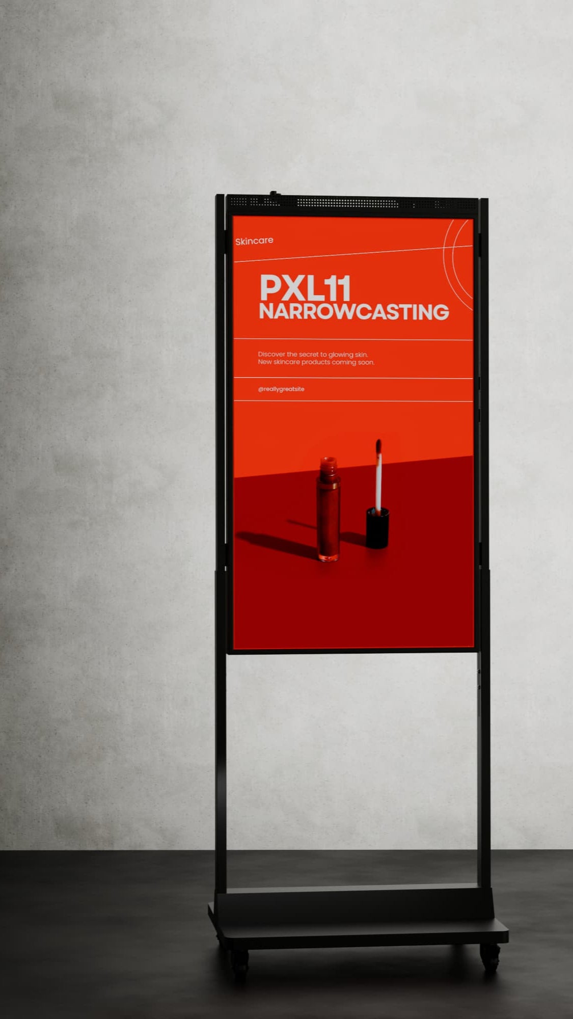 49-inch verticaal geplaatst scherm met een voet op wielen voor eenvoudig verplaatsen. foto onder een kleine hoek gemaakt.