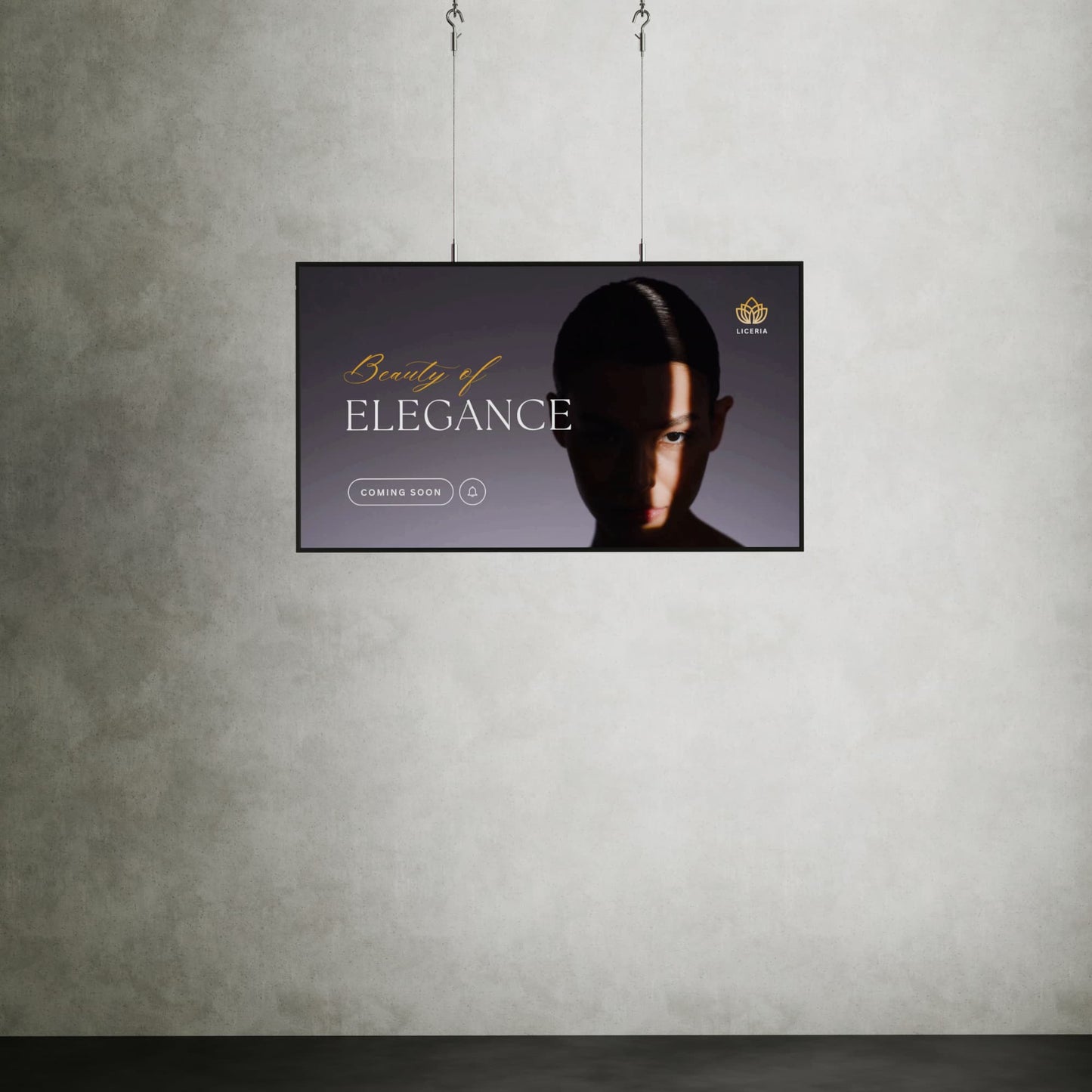 Narrocasting scherm is eenvoudig op te hangen met kabels. Makkelijk verstelbaar in hoogte.