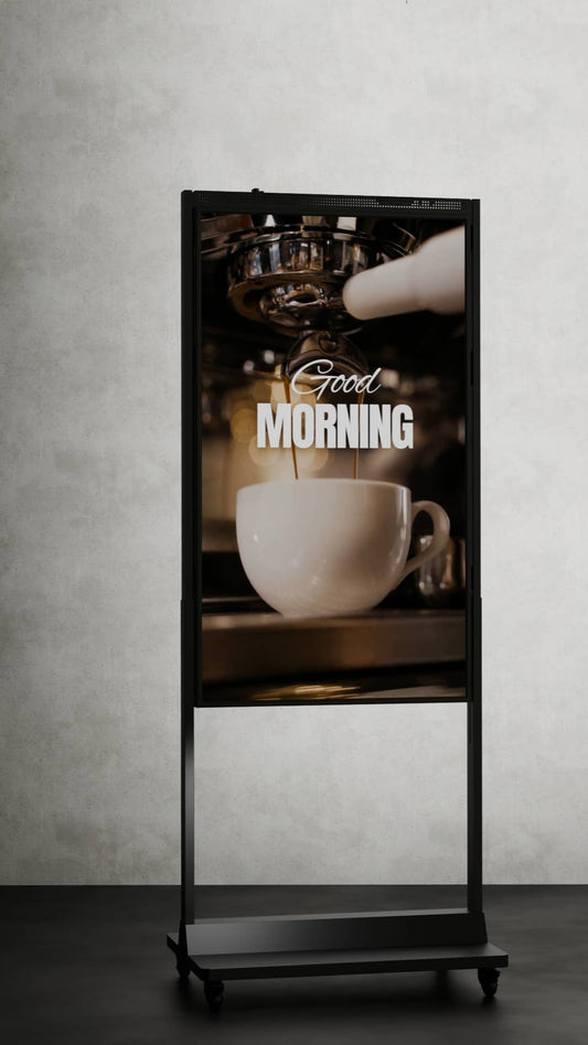 55-inch high brightness schermen van PXL11 voor etalages en narrowcasting, zichtbaar bij zonlicht, ideaal voor digitale reclame op wielen.