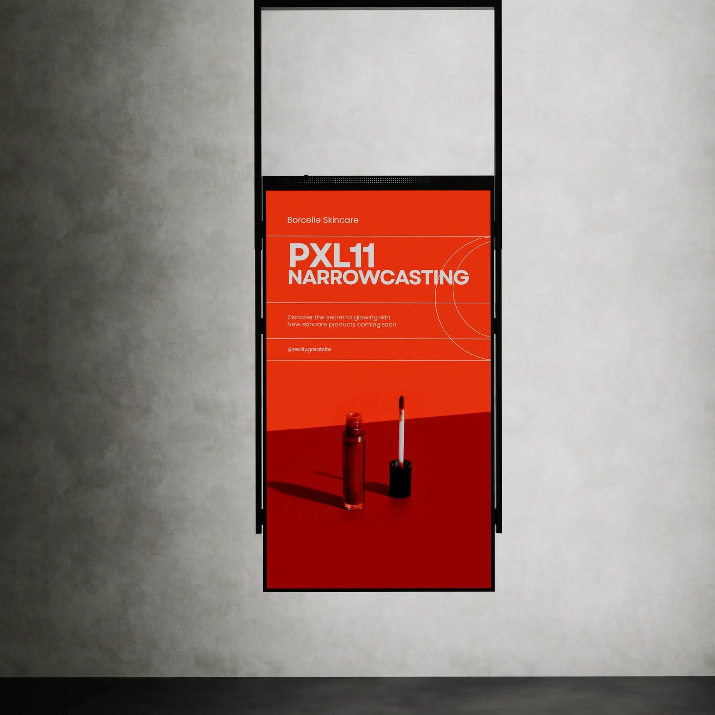 Opvallend 65-inch vertikaal digital signage scherm met Android-player en cloud-gebaseerde software, in een hoogte verstelbaar frame geschikt voor plafondmontage.