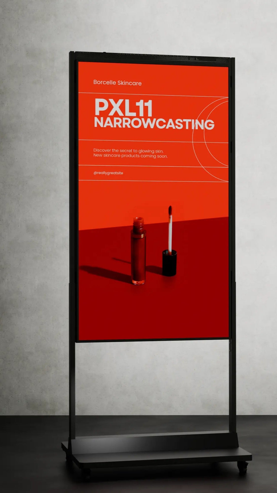 Opvallend 65-inch digital signage scherm met Android-player en cloud-gebaseerde software, geplaatst in een hoogte verstelbaar frame op wielen voor optimale mobiliteit.