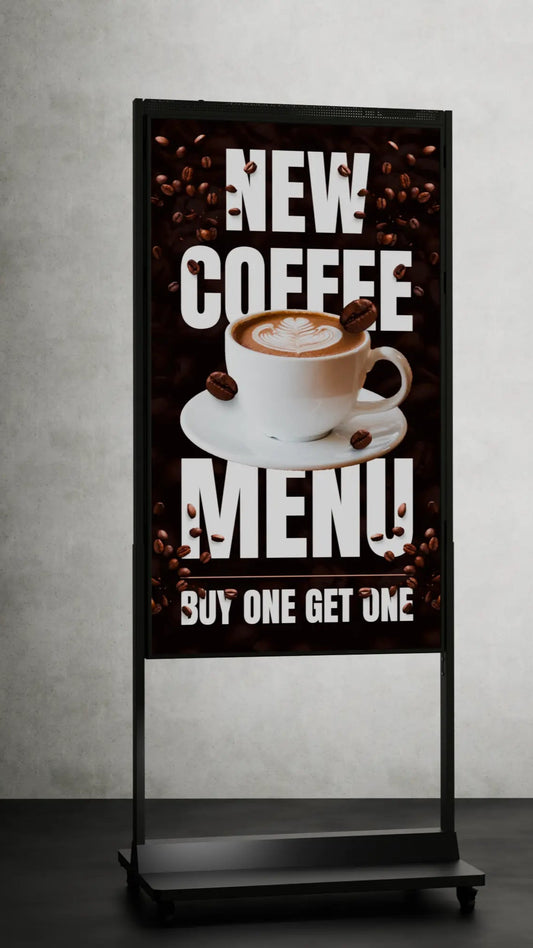 Opvallend 65-inch digital signage scherm met Android-player en cloud-gebaseerde software, geplaatst op wielen voor mobiliteit