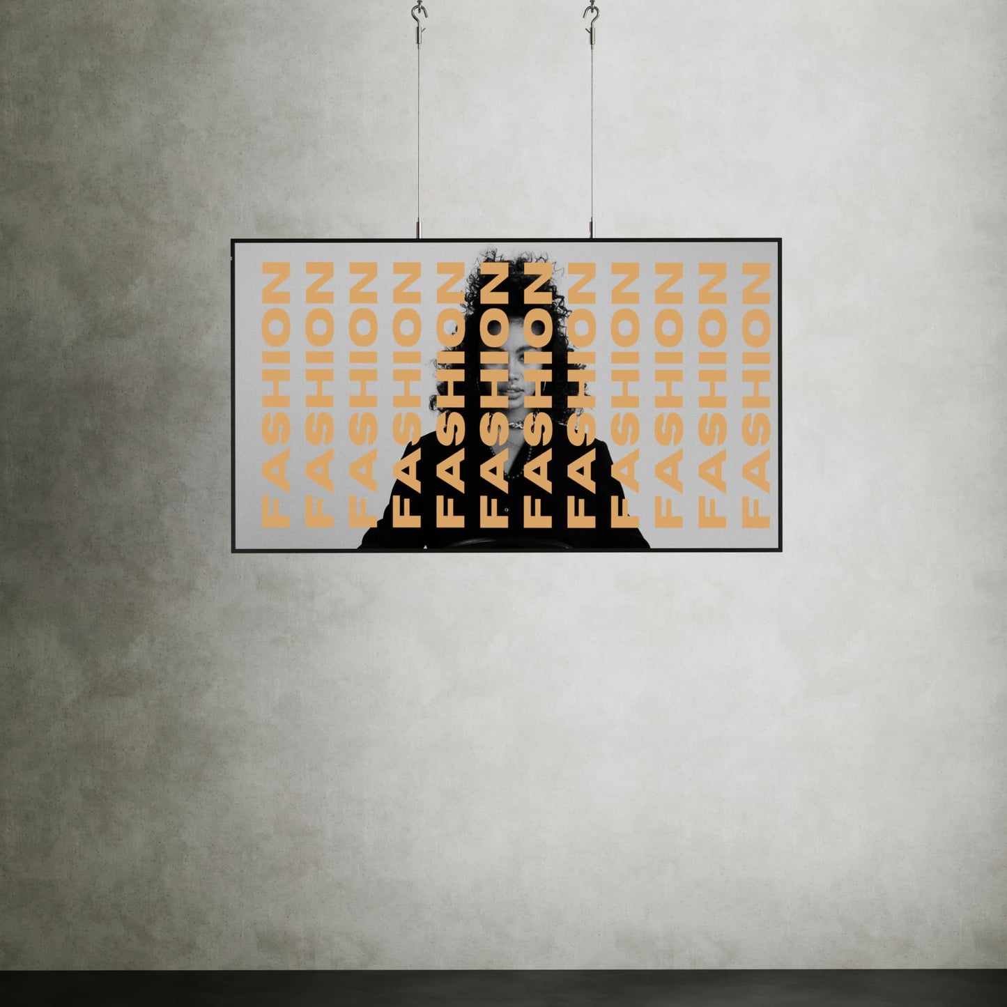 Horizontaal bevestigd 75-inch 4K etalagescherm met 3000 nits, ontworpen voor heldere fashion reclames in een winkeletalage.