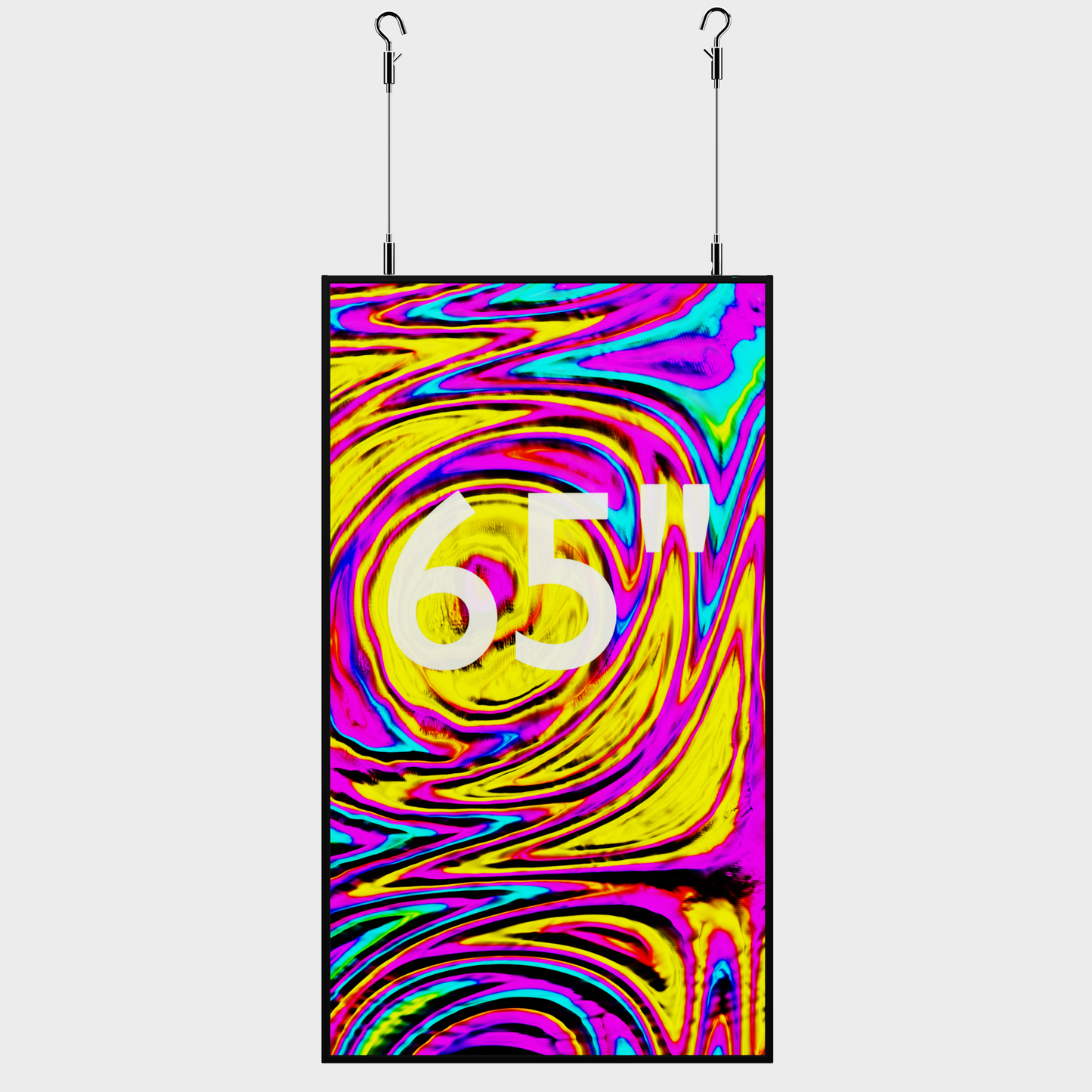 4K 75-inch narrowcasting etalagescherm met hoge helderheid van 3000 nits, vertikaal opgehangen aan kabels commerciële displays.