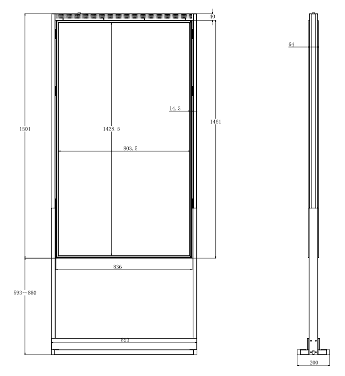 65 inch High Brightness LCD Narrowcasting Display op baseplate - staand - portret oriëntatie - 3000 Nits