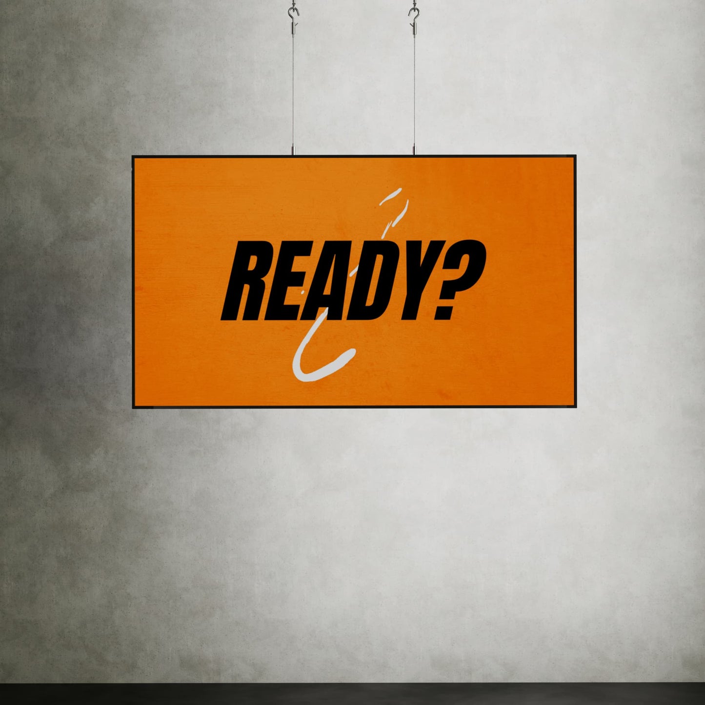 Close-up van een 75-inch scherm opgehangen aan stevige kabels, met een opvallende motion grafics zichtbaar op het scherm