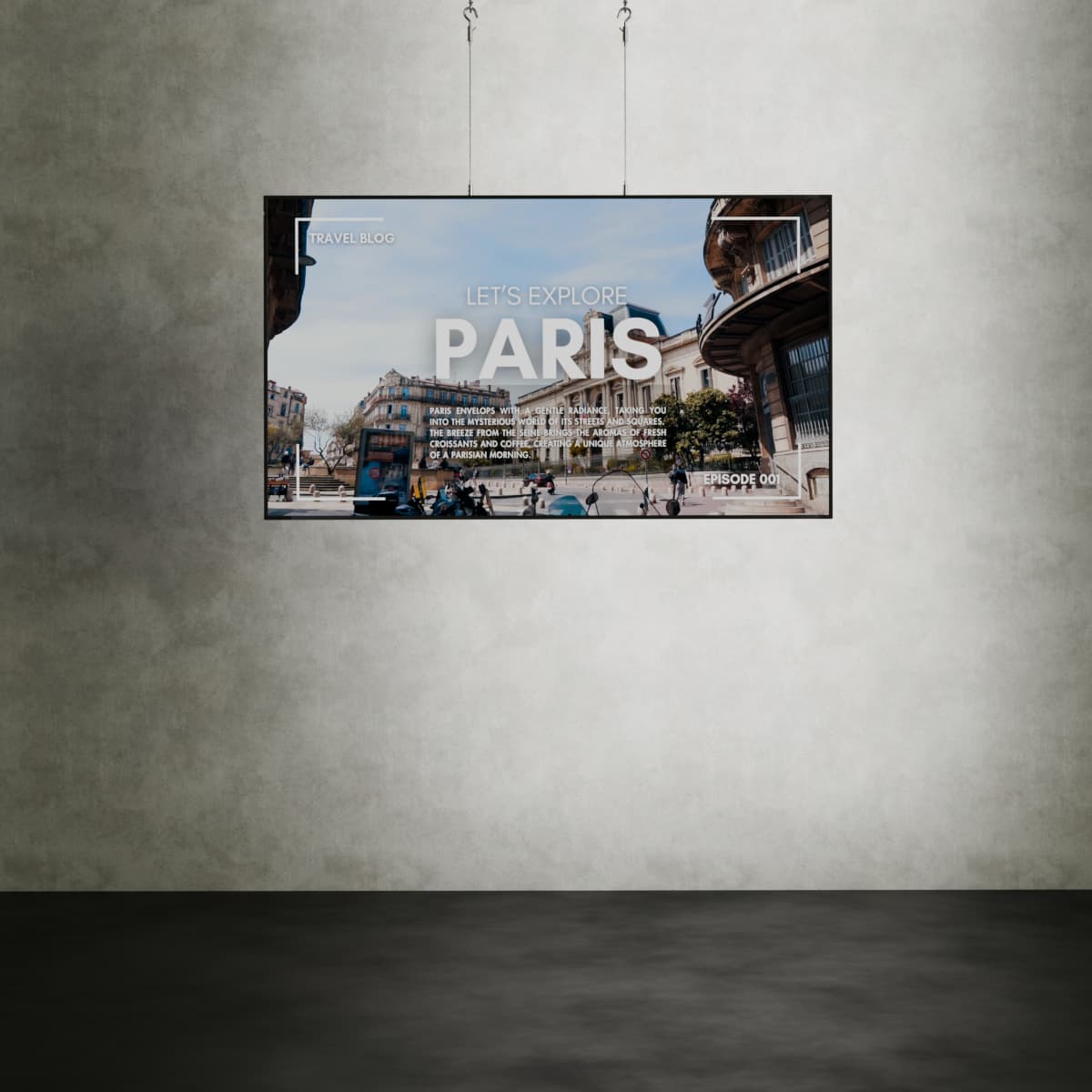 High brightness digitale reclame op een 75-inch scherm, gemonteerd aan de met kabelondersteuning in een kantoorruimte.