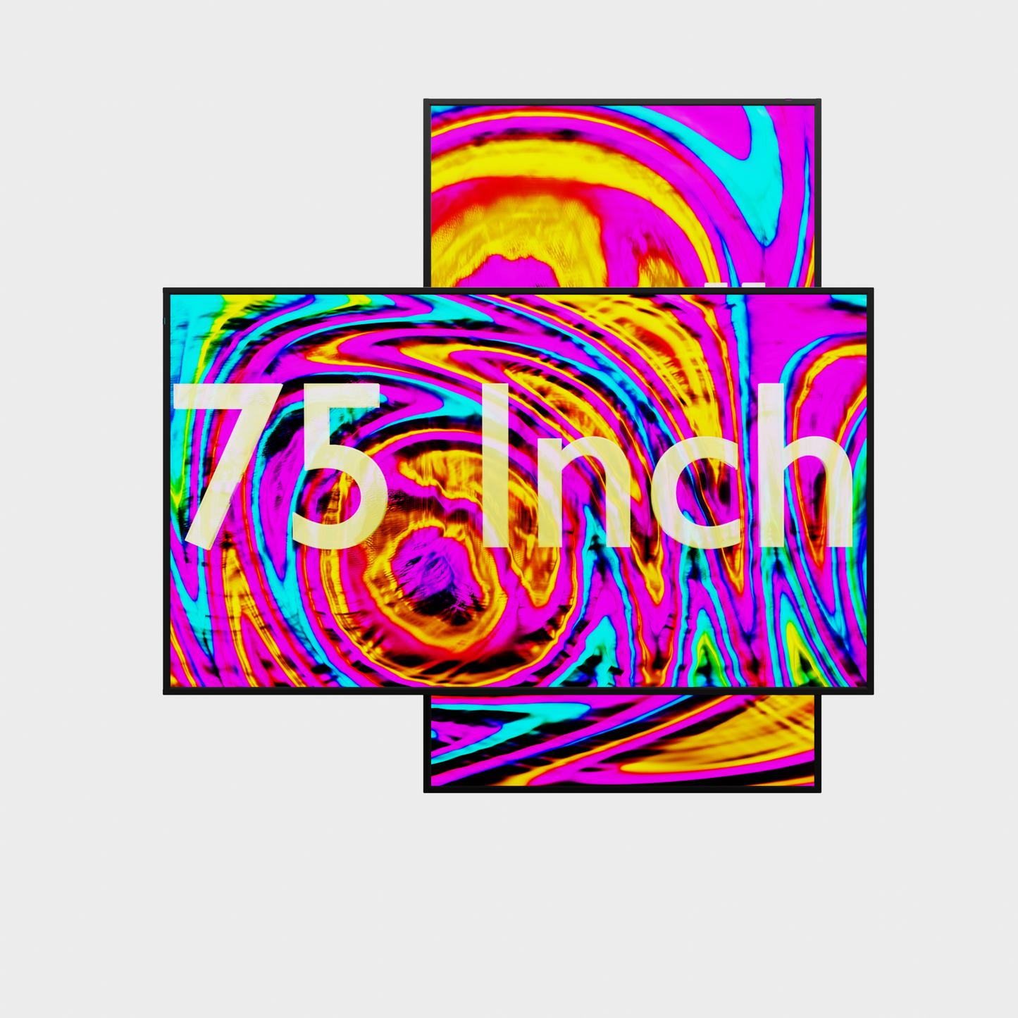 75-inch high-brightness schermen van 3000 nits, één in landscape- en één in portretoriëntatie, hangend aan kabels in een moderne omgeving.