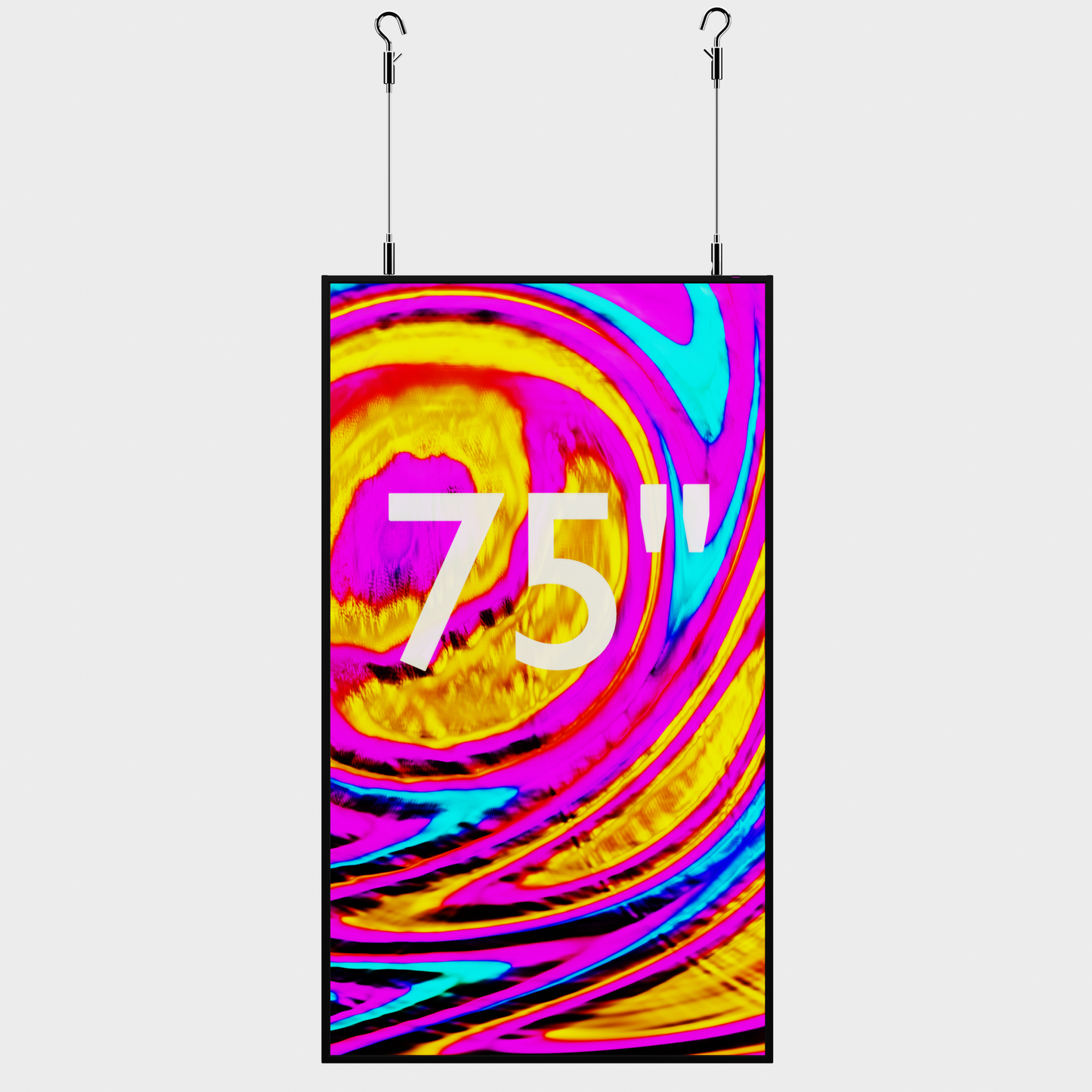 High-brightness 75-inch scherm van 3000 nits, professioneel opgehangen aan kabels, geschikt voor moderne reclamedisplays.