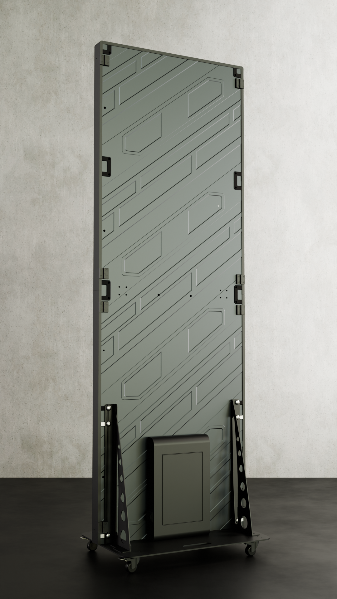 Achterzijde van de LED-poster met bedieningskast en kabelbeheer