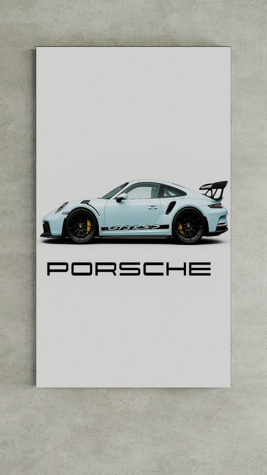 Groot LED-scherm dat een glanzende Porsche toont op een heldere achtergrond