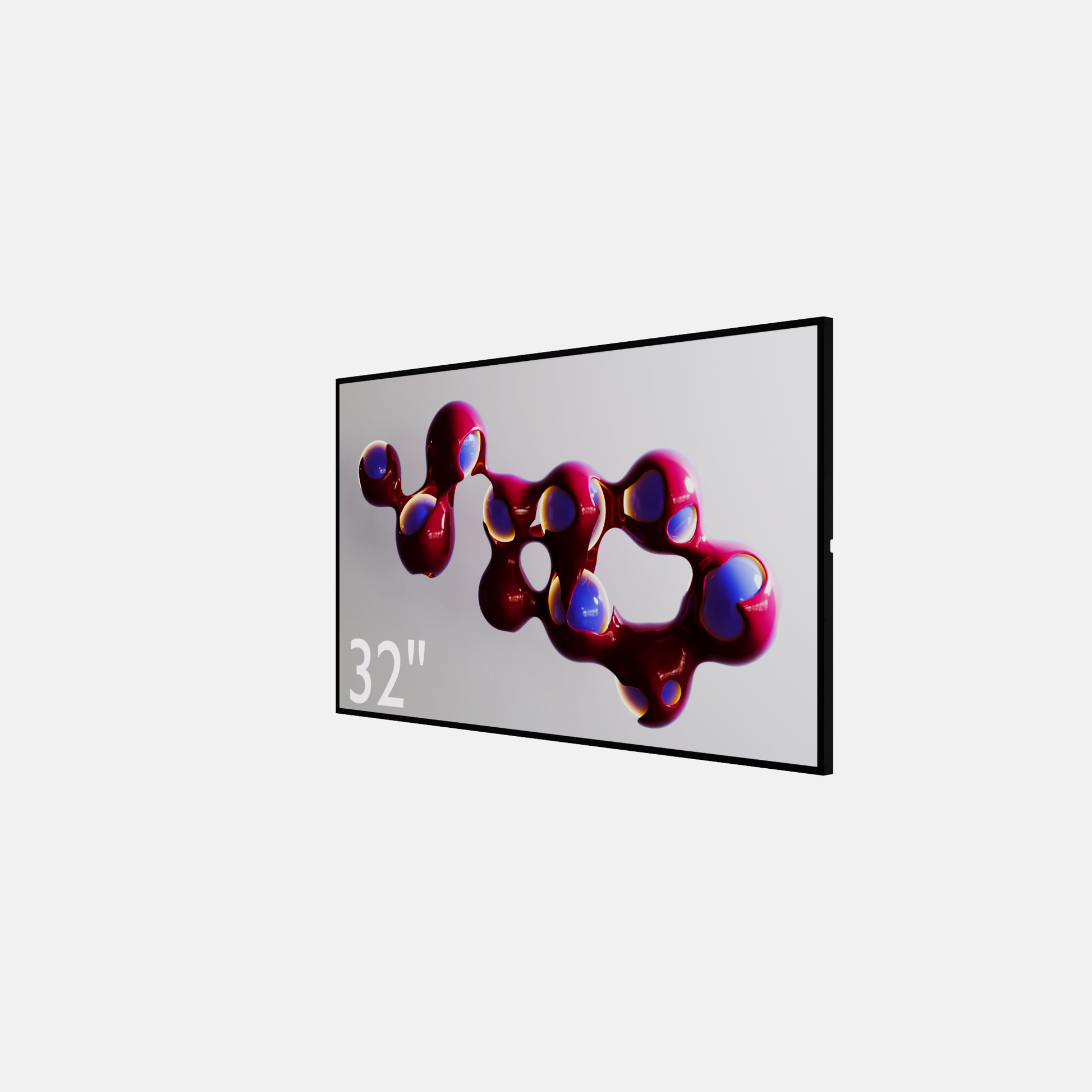 32 Inch LCD. Schuin aanzicht van een slank 20mm narrowcoasting scherm in horizontale positie, benadrukt het stijlvolle en minimalistische design.