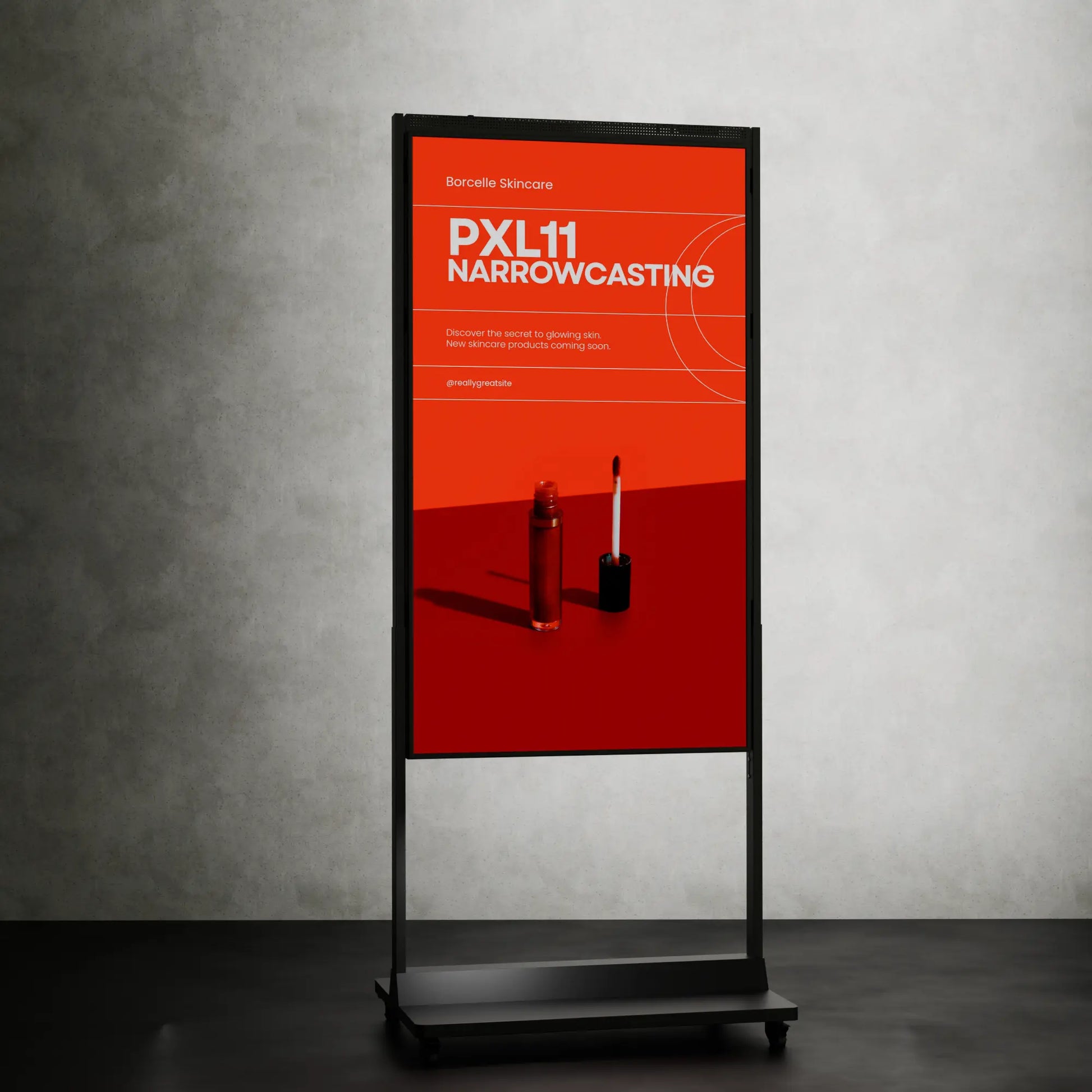 Opvallend 65-inch digital signage scherm met Android-player en cloud-gebaseerde software, geplaatst in een hoogte verstelbaar frame op wielen voor optimale mobiliteit.
