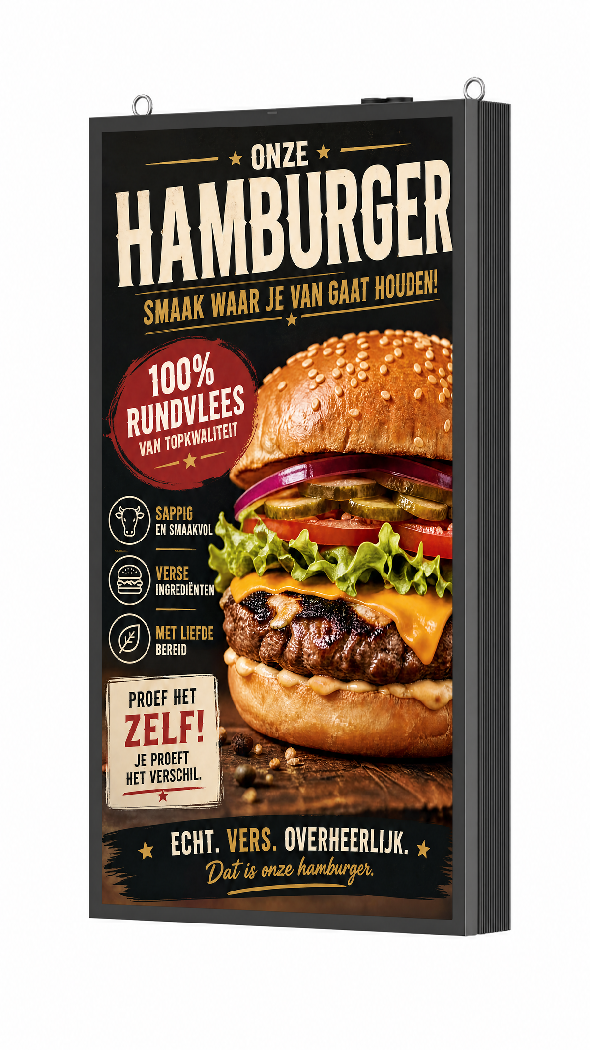 Outdoor digitaal menubord aan de gevel met hamburger menu – PXL11 wanddisplay 3000 nits.
