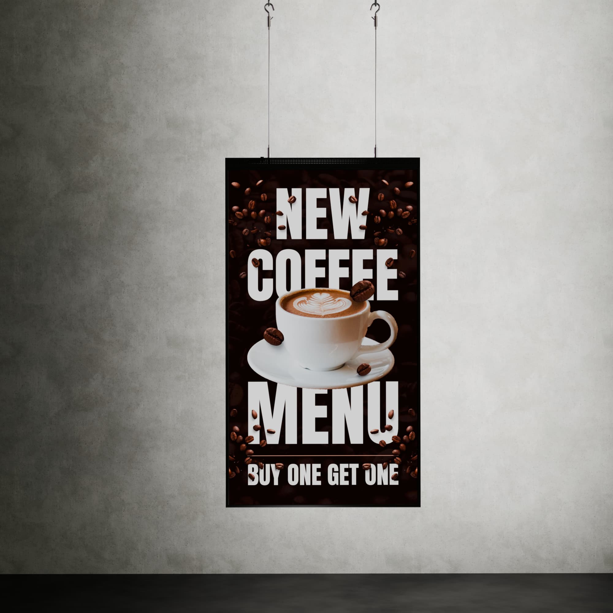 High brightness scherm met een koffieadvertentie, met heldere en levendige weergave, ideaal voor zichtbaarheid in etalages en goed verlichte ruimtes